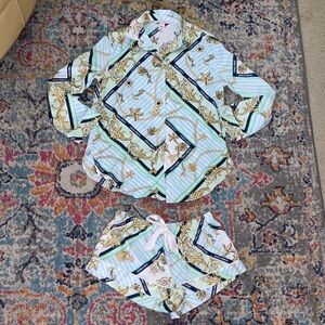 EUC Victorias Secret Stylish Blue and Gold Patterned Shirt and Shorts Set/PJs